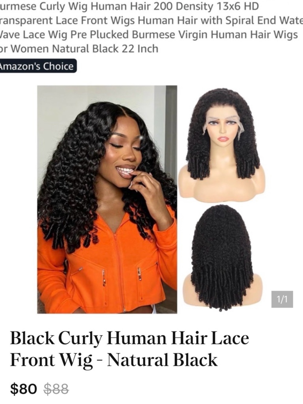 Black Curly Human Hair Lace Front Wig - Natural Black